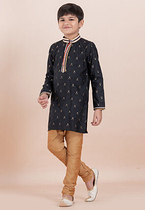 Woven Cotton Silk Jacquard Kurta Set in Black