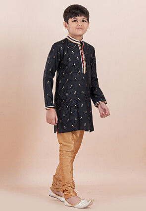 Woven Cotton Silk Jacquard Kurta Set in Black