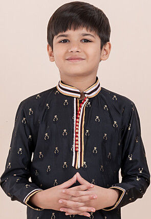 Woven Cotton Silk Jacquard Kurta Set in Black