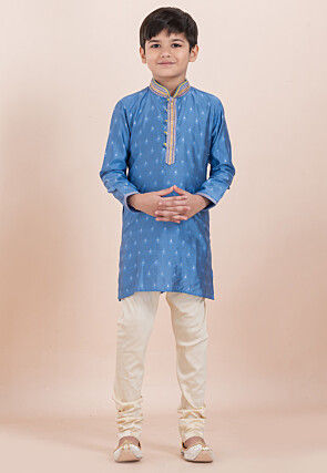Woven Cotton Silk Jacquard Kurta Set in Blue