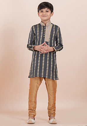 Woven Cotton Silk Jacquard Kurta Set in Dark Grey
