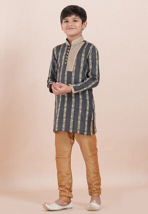 Woven Cotton Silk Jacquard Kurta Set in Dark Grey