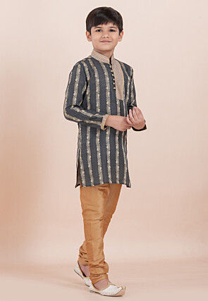 Woven Cotton Silk Jacquard Kurta Set in Dark Grey