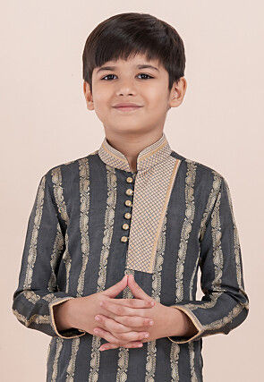 Woven Cotton Silk Jacquard Kurta Set in Dark Grey