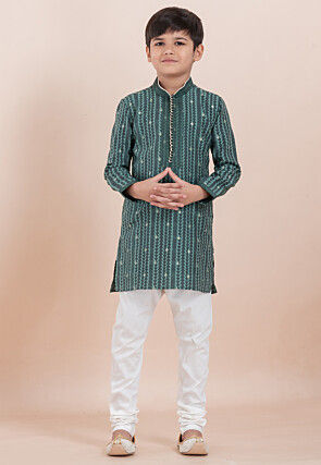 Woven Cotton Silk Jacquard Kurta Set in Green