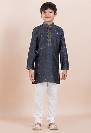 Woven Cotton Silk Jacquard Kurta Set in Grey
