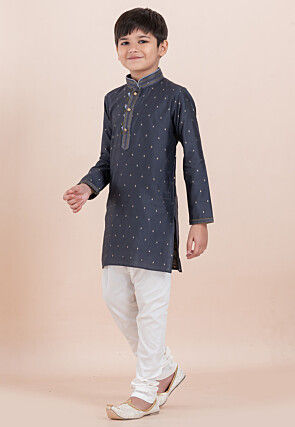 Woven Cotton Silk Jacquard Kurta Set in Grey