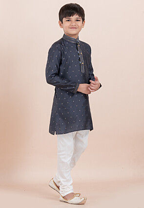 Woven Cotton Silk Jacquard Kurta Set in Grey