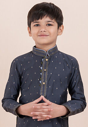 Woven Cotton Silk Jacquard Kurta Set in Grey