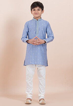 Woven Cotton Silk Jacquard Kurta Set in Light Blue