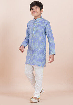 Woven Cotton Silk Jacquard Kurta Set in Light Blue