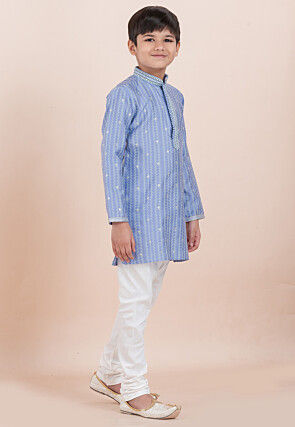 Woven Cotton Silk Jacquard Kurta Set in Light Blue