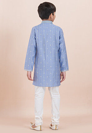 Woven Cotton Silk Jacquard Kurta Set in Light Blue