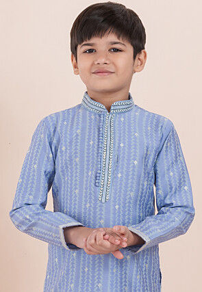 Woven Cotton Silk Jacquard Kurta Set in Light Blue