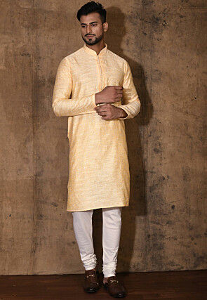 Woven Cotton Silk Jacquard Kurta Set in Peach