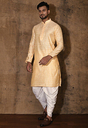 Woven Cotton Silk Jacquard Kurta Set in Peach