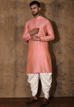 Woven Cotton Silk Jacquard Kurta Set in Peach