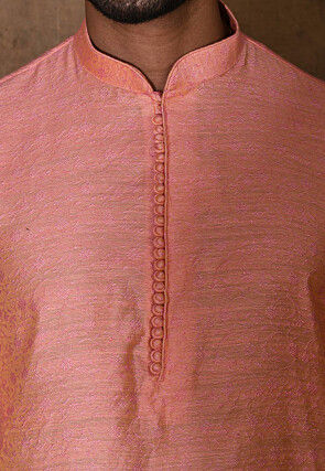 Woven Cotton Silk Jacquard Kurta Set in Peach