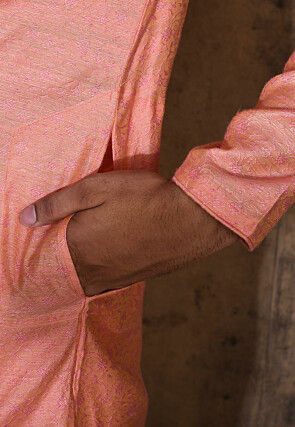 Woven Cotton Silk Jacquard Kurta Set in Peach