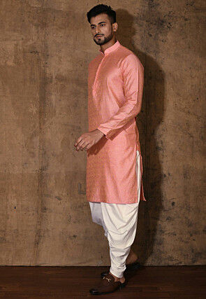 Woven Cotton Silk Jacquard Kurta Set in Peach