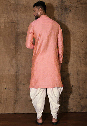 Woven Cotton Silk Jacquard Kurta Set in Peach