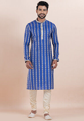 Woven Cotton Silk Jacquard Kurta Set in Royal Blue