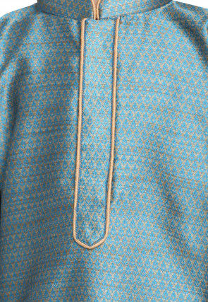 Woven Cotton Silk Jacquard Kurta Set in Teal Blue