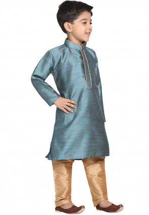 Woven Cotton Silk Jacquard Kurta Set in Teal Blue