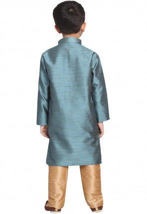 Woven Cotton Silk Jacquard Kurta Set in Teal Blue
