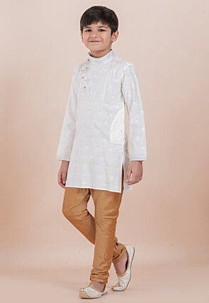 Woven Cotton Silk Jacquard Kurta Set in White
