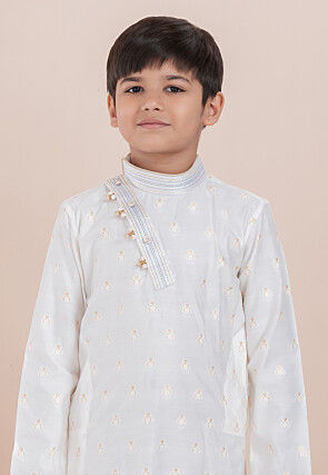 Woven Cotton Silk Jacquard Kurta Set in White