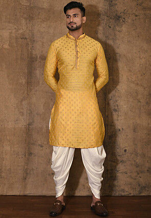 Woven Cotton Silk Jacquard Kurta Set in Yellow