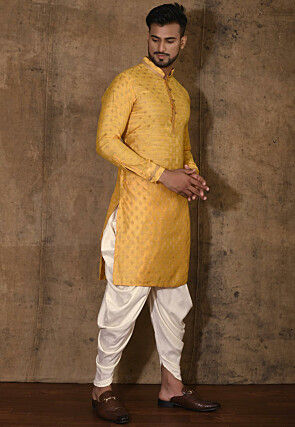 Woven Cotton Silk Jacquard Kurta Set in Yellow