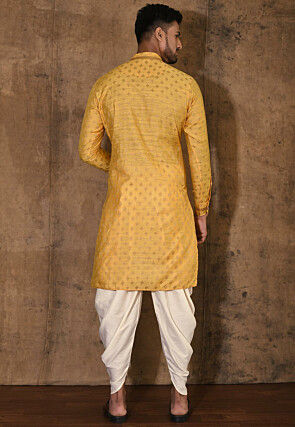 Woven Cotton Silk Jacquard Kurta Set in Yellow