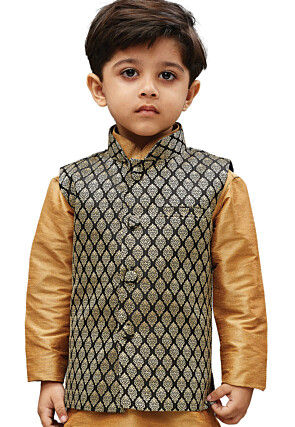 Woven Cotton Silk Jacquard Nehru Jacket in Black and Beige
