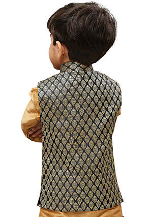 Woven Cotton Silk Jacquard Nehru Jacket in Black and Beige