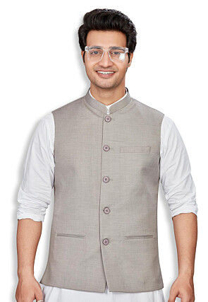 Woven Cotton Silk Jacquard Nehru Jacket in Grey