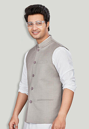 Woven Cotton Silk Jacquard Nehru Jacket in Grey
