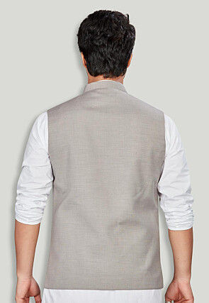 Woven Cotton Silk Jacquard Nehru Jacket in Grey