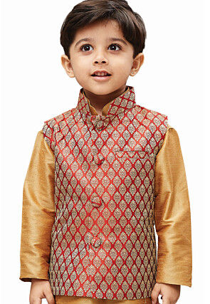 Woven Cotton Silk Jacquard Nehru Jacket in Maroon and Beige