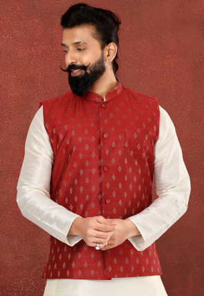 Woven Cotton Silk Jacquard Nehru Jacket in Maroon