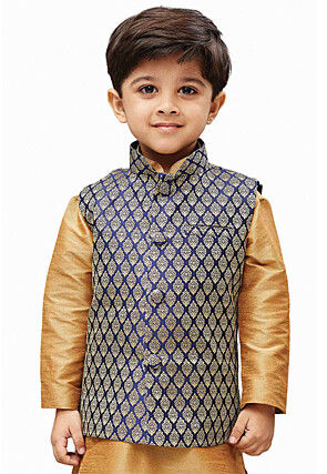 Woven Cotton Silk Jacquard Nehru Jacket in Navy Blue and Beige