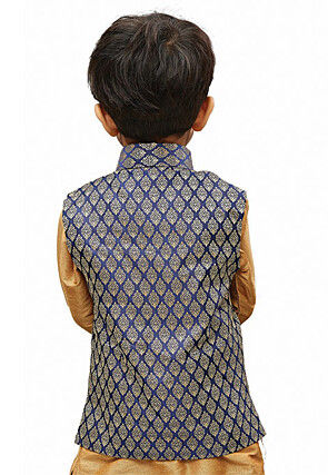 Woven Cotton Silk Jacquard Nehru Jacket in Navy Blue and Beige