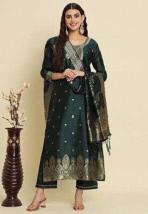 Woven Cotton Silk Jacquard Pakistani Suit in Dark Green