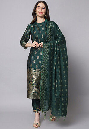 Woven Cotton Silk Jacquard Pakistani Suit in Dark Green