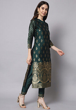 Woven Cotton Silk Jacquard Pakistani Suit in Dark Green