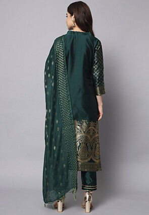 Woven Cotton Silk Jacquard Pakistani Suit in Dark Green