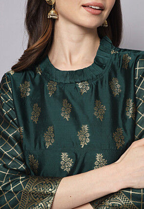 Woven Cotton Silk Jacquard Pakistani Suit in Dark Green