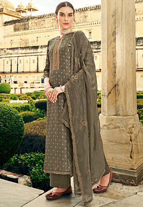 Woven Cotton Silk Jacquard Pakistani Suit in Olive Green