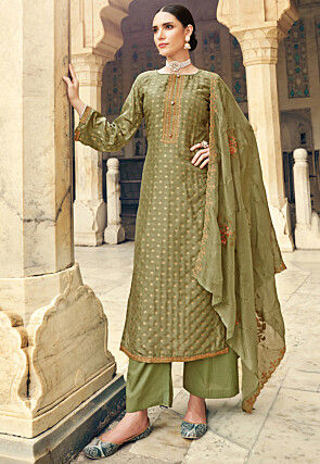 Woven Cotton Silk Jacquard Pakistani Suit in Dusty Green